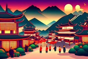 Chinese, Asian village with traditional houses and festival lanterns on the street. Vector cartoon landscape with Chinese, Japanese buildings and mountains in the background - generative ai