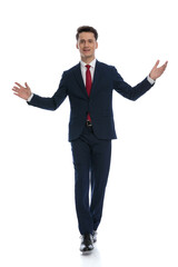 businessman walking and holding hands open