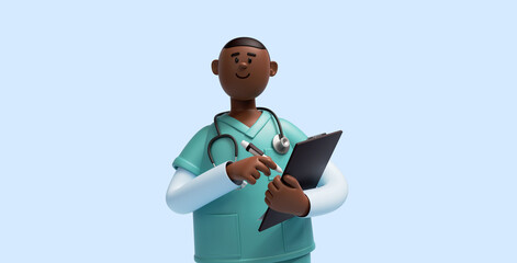 Naklejka na ściany i meble 3d render, african nurse cartoon character wears mint green shirt, holds pen and clipboard. Health care consultation. Hospital assistant. Medical insurance concept