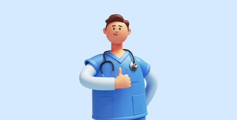 3d render, caucasian young man, cartoon character nurse wears blue shirt, looks at camera, shows thumbs up, like gesture. Health care support. Medical clip art, approval concept © NeoLeo