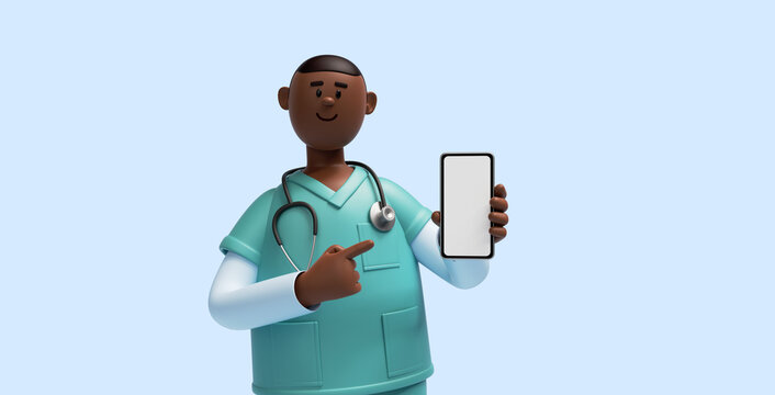 3d Render, African Young Man, Nurse Cartoon Character Wears Mint Green Shirt, Holds Smart Phone With Blank Screen. Hospital Support. Health Care Online Consultation. Medical Application Concept