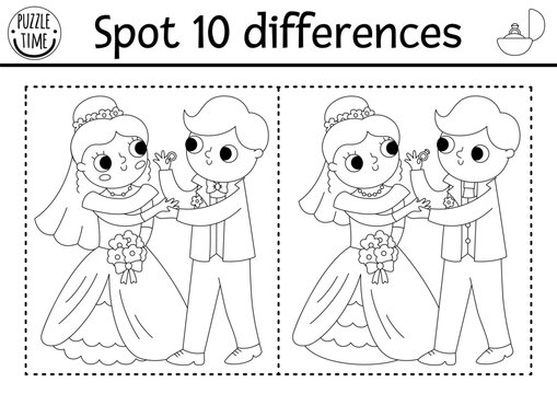 Find differences game for children. Wedding black and white activity with cute married couple. Marriage coloring page for kids with funny bride, groom and ring. Printable worksheet.