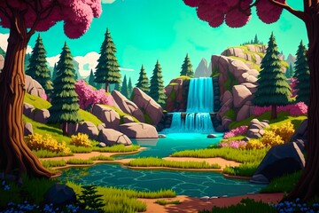 Obraz na płótnie Canvas beautiful landscape with trees, flowers, waterfall and stream 