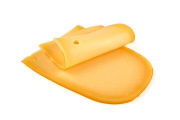 Hard Dutch gouda cheese, isolated on white background.