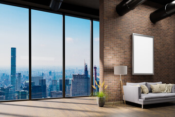 large urban skyline loft office with red brickstone wall and white canvas mock up; cozy vintage interior and modern workspace at bright sunlight; copy space in front of panoramic window skyline view, 