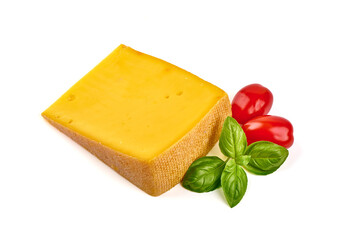 Semi-hard cheese with saffron, close-up, isolated on white background.