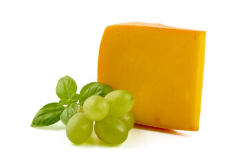 Semi-hard cheese with saffron, close-up, isolated on white background.