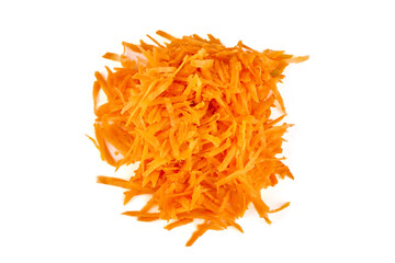 Grated carrot, isolated on white background.