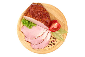 Cold smoked meat with slices, rustic style, isolated on white background.