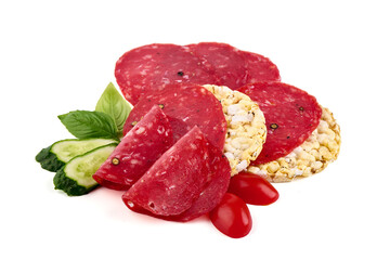 Smoked salchichon sausage, isolated on white background.