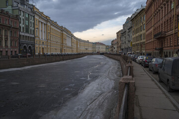Embankment of the Moika River in Petersburg in a winter day