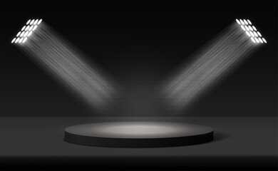 Round pedestal podium mock up. Abstract 3d concept illuminated pedestal by spotlights realistic vector illustration. Product showcase design