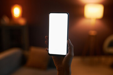 female hand holding smartphone with white screen mockup
