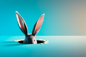Rabbit's gray head and big ears sticking out of a hole in the floor on a blue background. Minimal Easter concept. Generative AI. - obrazy, fototapety, plakaty