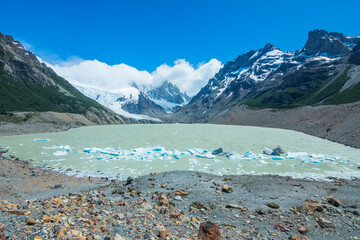 View of Cerro Torre (Torre Mountain) and it's glacier, as well as Laguna Torre -  El Chaltén,...