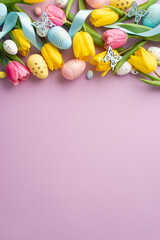 Easter concept. Top view vertical photo of flowers yellow pink tulips colorful easter eggs blue ribbon and butterflies on isolated lilac background with blank space