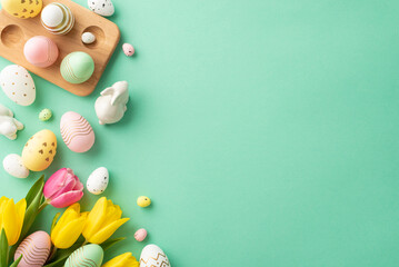 Easter decorations concept. Top view photo of bouquet of yellow and pink tulips ceramic easter bunny and colorful eggs in wooden holder on isolated turquoise background with empty space
