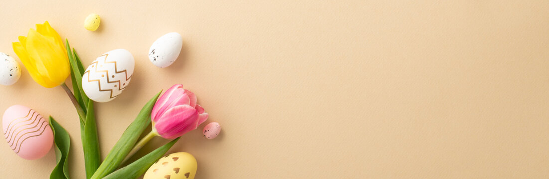 Easter celebration concept. Top view vertical photo of colorful easter eggs and tulips on isolated pastel beige background with copyspace