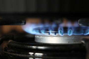 Płomień palący się gaz na kuchence gazowej.  - obrazy, fototapety, plakaty