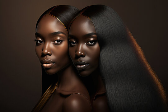Two beauty black skin women African ethnic female faces. Two young african american models with long dark hair on brown background, ai generative