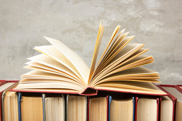 Vintage old hardback books. Education background. Back to school. Copy Space.