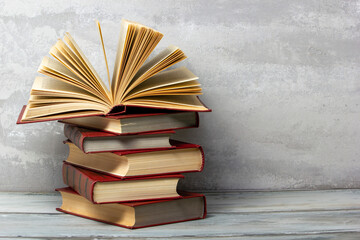 Vintage old hardback books. Education background. Back to school. Copy Space.