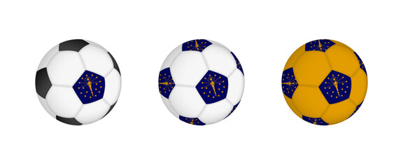 Collection football ball with the Indiana flag. Soccer equipment mockup with flag in three distinct configurations.