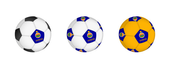 Collection football ball with the Kansas flag. Soccer equipment mockup with flag in three distinct configurations.