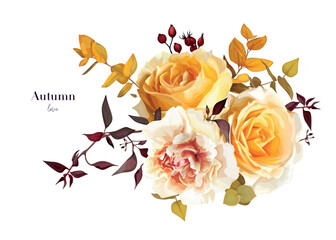 Vector watercolor bouquet. Autumn yellow rose flowers, carnation, orange eucalyptus leaves, burgundy branches editable floral illustration. Fall wedding invitation card, thanksgiving greeting template