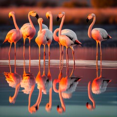 pink flamingo in the water, lake river reflection, sunset golden hour, pink abstract beautiful, generative ai