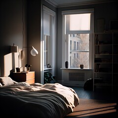 Modern bedroom interior, simple minimalist luxury bed, small room design, soft sun light from window, generative ai