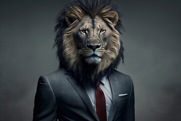 A Lion in a Formal Business Suit Against a Grey Background Created by Generative AI Technology