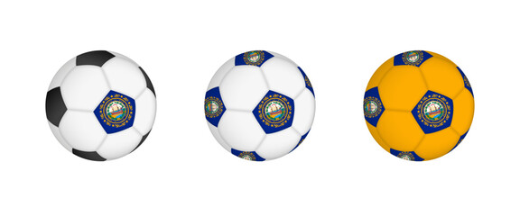 Collection football ball with the New Hampshire flag. Soccer equipment mockup with flag in three distinct configurations.