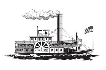 Paddle steamer, wheel passenger steamboat, riverboat or retro paddlewheel ship isolated on white background, engraving style black and white vector illustration - obrazy, fototapety, plakaty