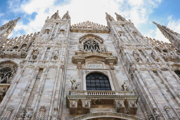 Below Famous Architecture of Milan Cathedral in Europe. Look Up at Historical Landmark in Northern Italy.
