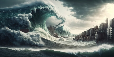 Huge tsunami destroying a city, big wave, apocalyptic scene, art illustration   - obrazy, fototapety, plakaty
