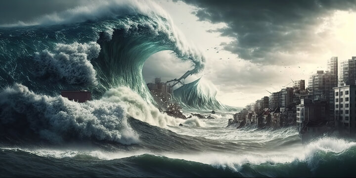 Huge tsunami destroying a city, big wave, apocalyptic scene, art illustration  