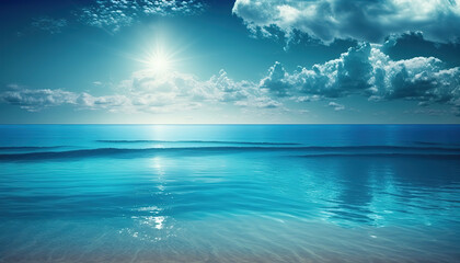 Fototapeta na wymiar Tranquil relaxing blue sunny sky ocean lagoon. Dream nature beautiful seascape , art illustration 
