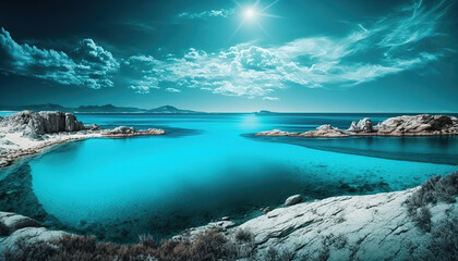 Tranquil relaxing blue sunny sky ocean lagoon. Dream nature beautiful seascape , art illustration 