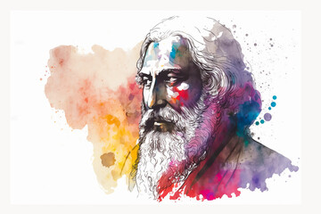 Rabindranath Tagore watercolor illustration. Generative AI - obrazy, fototapety, plakaty