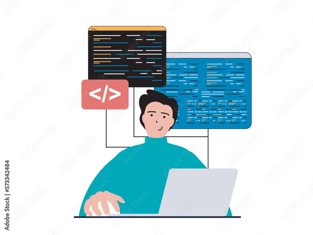 Leinwandbilder Programming software concept with character situation. Man working with program code at laptop, testing scripts and engineering process. Vector illustration with people scene in flat design for web