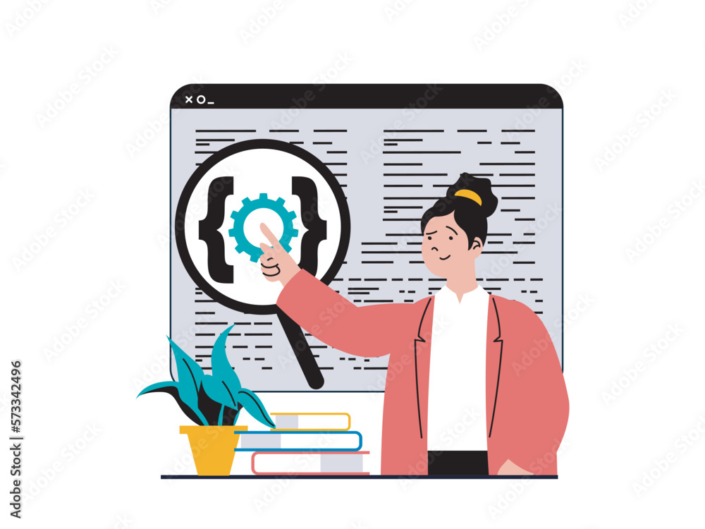 Poster Programming software concept with character situation. Woman working with code at screen, fixing bugs and engineering program process. Vector illustration with people scene in flat design for web