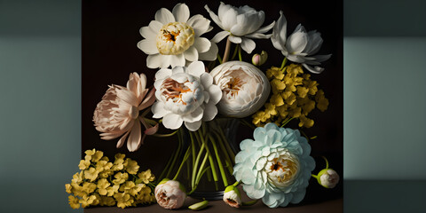Spring bouquet. Bouquet made of tulips daffodils and hyacinths. A simple bouquet of flowers and greens. Beautiful bouquet of flowers isolated on  background