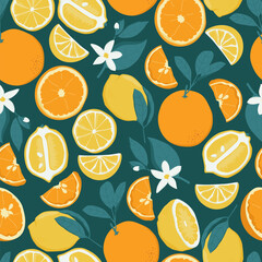Tropical summer fruit seamless pattern in modern cartoon style. Citrus tree in hand drawn style. Vector fabric design