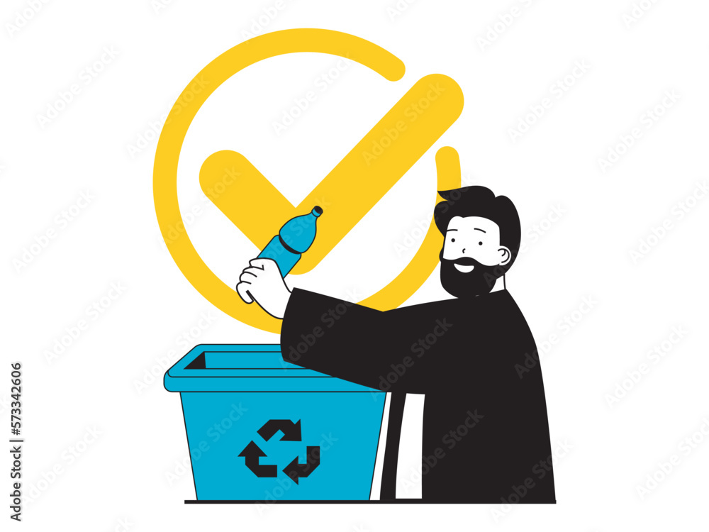 Poster save earth concept with character situation. man collects and separates garbage and throws plastic b