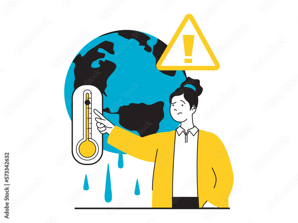 Poster save earth concept with character situation. eco activist woman pointing at thermometer with high te