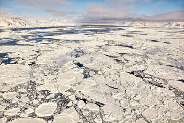 Aerial view of coast and ice field in East Greenland