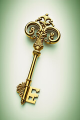 generative ai illustration, a golden ornamented ancient key on white background