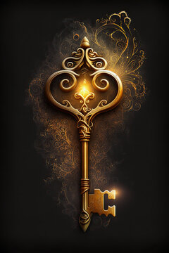 generative ai illustration, a golden ornamented ancient magic key on brown background