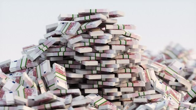 Stacks of money in big pile on white Background. Stack Of Euro Bills. Professional Full HD 3d rendering animation
